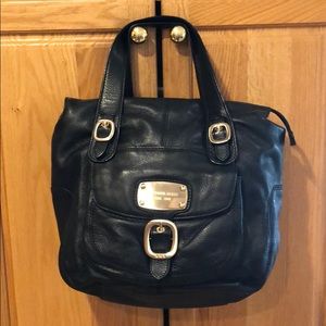 Black leather tote large gold buckles